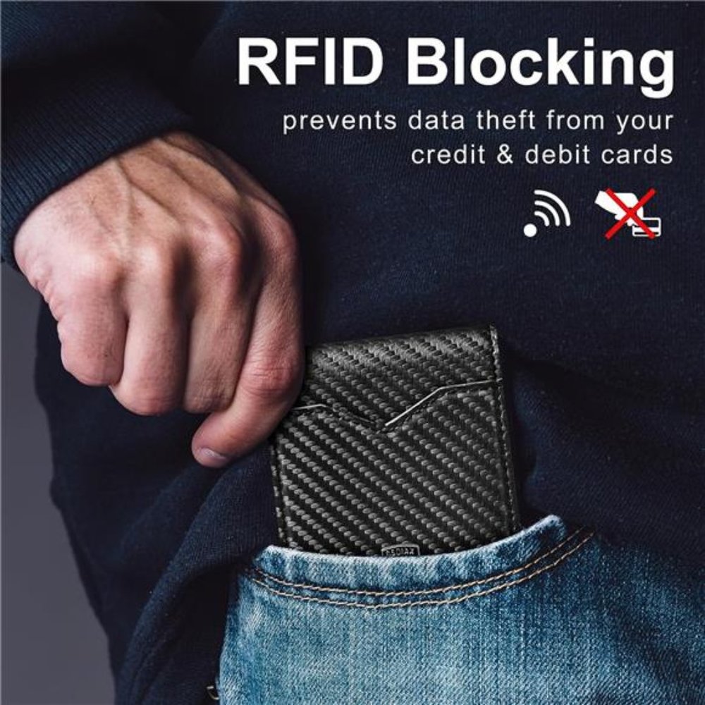 Mens Slim Wallet - Carbon Fiber & Rfid Blocking Credit Card Holder With Gift Box - Picture 6 of 6